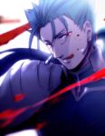  blood blue_hair chikage_(kinokodou) earrings fate/stay_night fate_(series) gae_bolg jewelry lancer lowres male polearm ponytail red_eyes short_hair solo spear weapon 