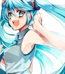  :d aqua_eyes aqua_hair armpits bare_shoulders hand_on_headphones hatsune_miku headphones kurabayashi long_hair looking_at_viewer necktie open_mouth simple_background smile solo twintails vocaloid white_background 