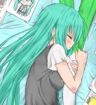  aqua_hair artist_request blush from_above hair_down hatsune_miku highres long_hair lying on_side pillow pillow_hug solo spring_onion vocaloid 