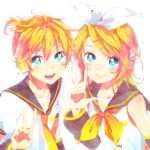  1girl aqua_eyes blonde_hair brother_and_sister hair_ornament hair_ribbon hairclip headset highres kagamine_len kagamine_rin looking_at_viewer ribbon short_hair siblings smile twins uso_(ameuzaki) v vocaloid 