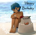  beach black_eyes blue_hair crab dark_skin english happy_birthday inazuma_eleven inazuma_eleven_(series) male mizuhara_aki rococo_urupa sandcastle short_hair smile solo water 