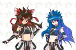  alphes_(style) alternate_color alternate_hairstyle anger_vein blue_hair bow brown_hair cosplay gauntlets hair_bow hair_tubes hairband hakurei_reimu hinanawi_tenshi horn kaoru_(gensou_yuugen-an) kirin_(armor) long_hair monster_hunter multiple_girls navel open_mouth parody red_eyes style_parody touhou very_long_hair 