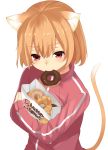  animal_ears bag brown_hair cat_ears cat_tail doughnut holding mouth_hold nuko_(mikupantu) original paper_bag short_hair simple_background solo tail track_suit white_background 