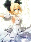  ahoge bare_shoulders blonde_hair bow detached_sleeves dress fate/stay_night fate/unlimited_codes fate_(series) green_eyes hair_bow light_particles long_hair pochi-a ponytail saber saber_lily solo 