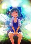  alternate_hairstyle aqua_hair blue_eyes blush bow breasts cirno cleavage collarbone hair_bow hot ice ice_wings nihimaru open_mouth puffy_sleeves short_hair short_sleeves side_ponytail sitting solo sweat touhou wings 