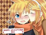  1boy 1girl blonde_hair blue_eyes blush boy boy_and_girl cheek_kiss eyes_closed female girl hairband hairpin heart kagamine_len kagamine_rin kiss male nami_(namiko89) open_mouth scarf short_hair valentine vocaloid 