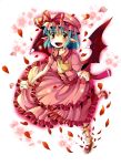  ascot bad_id blue_hair bow collarbone demon_wings frilled_legwear frilled_socks frills fumiko_(miruyuana) hat hat_bow highres jewelry open_mouth petals pointy_ears red_eyes remilia_scarlet short_hair socks solo touhou wings wrist_cuffs 