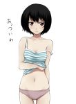  black_hair flat_gaze highres hot ikari_manatsu midriff navel original panties parted_lips pink_panties red_eyes short_hair simple_background solo strap_slip striped sweat tank_top translated translation_request underwear white_background 