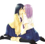  artist_request blush cardigan closed_eyes eyes_closed kajiki_yumi kiss kneeling multiple_girls necktie purple_hair saki short_hair touyoko_momoko yuri 