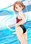  brown_eyes brown_hair competition_swimsuit grin looking_back natsuki_rin one-piece_swimsuit precure short_hair smile swimsuit wanco yes!_precure_5 