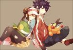  1boy 1girl back-to-back bad_id bandaid brown_hair closed_eyes double_bun hue_(pokemon) jacket kio_(pixiv) long_hair mei_(pokemon) pantyhose pokemon pokemon_(creature) pokemon_(game) pokemon_bw2 poorly_drawn purple_hair red_eyes short_hair sitting skirt snivy tepig torn_clothes torn_pantyhose twintails visor_cap 