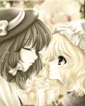  black_hair blonde_hair blurry closed_eyes depth_of_field eyelashes eyes_closed floral_background hair_ribbon hand_holding hat hat_ribbon holding_hands incipient_kiss light_particles lips looking_at_another maribel_hearn multiple_girls parted_lips purple_eyes ribbon sepia short_hair touhou tsukiori_sasa usami_renko violet_eyes yuri 