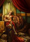  armor blonde_hair crown207 earrings fate/zero fate_(series) gilgamesh goblet gold jewelry lion red_eyes shirtless signature throne treasure vambraces wine 