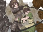  adult armor avatar:_the_last_airbender belt black_hair blind blue_eyes child chinese_clothes dual_persona fighting_stance grey_eyes gyehu_kim hairband legend_of_korra metal multiple_girls rock smile time_paradox toph_bei_fong wire 