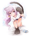  akino_coto animal_ears barefoot bell buruma cat_ears cat_paws cat_tail gym_uniform highres long_hair looking_at_viewer original paws purple_eyes purple_hair side_ponytail solo tail violet_eyes 