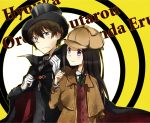  1girl black_hair cape chitanda_eru cosplay cuffs detective green_eyes handcuffs hat hyouka kimi_ni_matsuwaru_mystery long_hair monocle oreki_houtarou purple_eyes shimoku_reyu short_hair top_hat tuxedo violet_eyes 