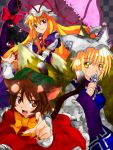  ahoge animal_ears bad_id blonde_hair brown_eyes brown_hair cat_ears cat_tail chen earrings eyes fang frills gap hat hat_ribbon jewelry long_hair long_sleeves multiple_girls multiple_tails ofuda open_mouth puffy_sleeves purple_hair ribbon short_hair short_sleeves smile tail touhou umbrella very_long_hair wide_sleeves yakumo_ran yakumo_yukari yellow_eyes 