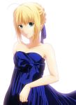 ahoge bare_shoulders blonde_hair blue_dress dress fate/stay_night fate_(series) formal green_eyes hair_ribbon pochi-a ribbon saber solo strapless_dress 
