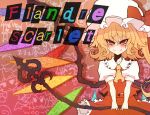  ascot blonde_hair bow character_name collarbone crystal demekyon fang flandre_scarlet hat hat_bow laevatein laevateinn puffy_sleeves rainbow_text red_eyes short_hair short_sleeves side_ponytail smile solo standing touhou weapon wings 