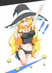  1girl alternate_costume blonde_hair braid collarbone haseneko hat kirisame_marisa long_hair medium_breasts navel outstretched_arms shooting_star shorts side_braid single_braid solo star star-shaped_pupils symbol-shaped_pupils touhou very_long_hair wink witch_aht witch_hat yellow_eyes 