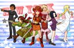  5girls :d androgynous animal belt black_hair blonde_hair blue_eyes boots bow braid brown_eyes brown_hair cape choker cowboy_boots cowboy_hat crossdressinging dark_skin diana_caprice dress dual_wielding english fan ferret folding_fan formal freckles frilled_dress frills gemini_sunrise glasses gloves grey_eyes gun hair_bow hairband hand_on_hip handgun hands_clasped hat headband high_heels katana kujou_subaru labcoat lipstick long_hair makeup mizuhara_aki multiple_girls necktie noko_(sakura_taisen) open_mouth outstretched_hand pantyhose pointing ponytail red_hair remington_new_model revolver rikaritta_aries sagitta_weinberg sakura_taisen sakura_taisen_v shoes short_hair shorts single_braid smile star suit sweatdrop sword taiga_shinjirou thigh_strap trap twin_braids vest weapon 