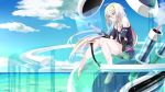  1920x1080 bare_shoulders barefoot blonde_hair blue_eyes braid highres holographic_interface holographic_monitor ia_(vocaloid) long_hair matsuike ocean off_shoulder rakupi sky solo touchscreen twin_braids very_long_hair vocaloid wallpaper 