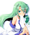  alternate_hairstyle bare_shoulders blush bow bust covering_mouth frog_hair_ornament green_eyes green_hair hair_ornament kasuka kochiya_sanae long_hair revision simple_background snake solo touhou white_background 