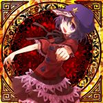  beret chinese_clothes fang hat highres miyako_yoshika momoiro ofuda open_mouth outstretched_arms purple_eyes purple_hair short_hair short_sleeves solo standing star touhou violet_eyes wide_sleeves zombie_pose 