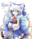  alternate_breast_size alternate_eye_color alternate_hair_length alternate_hairstyle animal_ears blue_hair blush bow breasts cirno cosplay fox_ears fox_tail fusion hair_bow hands_in_sleeves ice ice_wings if_they_mated kyuubi large_breasts long_skirt long_sleeves multiple_tails signature skirt smile solo tabard tail touhou wide_sleeves wings yakumo_ran yakumo_ran_(cosplay) yellow_eyes yurume_atsushi 