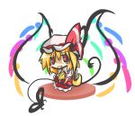  ascot blonde_hair blush_stickers fang flandre_scarlet gomasamune hat hat_ribbon highres laevatein open_mouth puffy_sleeves red_eyes ribbon short_hair short_sleeves side_ponytail solo touhou weapon wings 