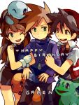  1girl 2boys annoyed baseball_cap black_hair blue_(pokemon) blue_eyes brown_hair bulbasaur charmander dress gloves green_eyes happy_birthday hat heart jacket jewelry long_hair multiple_boys necklace ookido_green open_mouth pokemon pokemon_(creature) pokemon_special red_(pokemon) red_eyes smile squirtle tegaki wink 