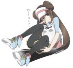  1girl bag black_legwear brown_hair double_bun female green_eyes holding holding_poke_ball legwear_under_shorts long_hair looking_at_viewer mei_(pokemon) ningen_(ningen96) pantyhose poke_ball pokemon pokemon_(game) pokemon_bw2 raglan_sleeves shadow shoes shorts shoulder_bag sitting skirt smile sneakers solo text translated twintails very_long_hair visor_cap white_background 