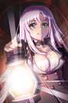  breasts cape cat_shi choker collarbone grin holding lantern large_breasts long_hair lowres open_mouth parted_lips pink_hair shiny shiny_skin smile sword_girls very_long_hair 
