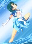  :o bishoujo_senshi_sailor_moon blue_hair boots bubble elbow_gloves gloves looking_back mizuno_ami official_style ribbon sailor_mercury sailor_senshi short_hair solo tiara water ymd123 