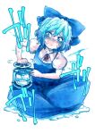  1girl blue_eyes blue_hair blush bow cirno crushed_ice dress hair_bow harusame_(unmei_no_ikasumi) ice ice_wings melting shaved_ice short_hair sitting solo sweat touhou wings 