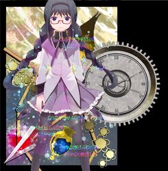  akemi_homura argyle argyle_legwear black_hair blue_eyes braid ekra glasses long_hair magical_girl mahou_shoujo_madoka_magica pantyhose polearm red-framed_glasses solo soul_gem spear twin_braids weapon 