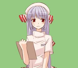  alternate_costume bust clipboard fujiwara_no_mokou hair_ribbon hat long_hair miyo_(ranthath) nurse nurse_cap remilia_scarlet ribbon silver_hair solo touhou very_long_hair 