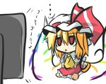  :&lt; ascot blonde_hair flandre_scarlet gomasamune hat hat_ribbon long_skirt open_mouth puffy_sleeves red_eyes ribbon short_hair short_sleeves side_ponytail skirt solo television touhou translation_request triangle_mouth white_background wings 