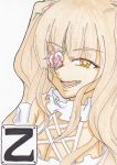  absurdres bad_id blonde_hair character_request circle_cut copyright_request fang flower highres kimi_(otsugumi) kirakishou long_hair open_mouth rose rozen_maiden simple_background smirk solo teeth traditional_media yellow_eyes 