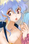  1girl alternate_hairstyle breasts cleavage close-up drill earrings food jewelry multicolored_hair nia_teppelin popsicle solo symbol-shaped_pupils tengen_toppa_gurren_lagann tongue two-tone_hair yukimitsuki 