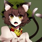  animal_ears bonnet bow brown_hair bust cat_ears cat_tail chen curly_hair fangs green_background hat looking_at_viewer multiple_tails neko-san_(dim.dream) open_mouth short_hair simple_background slit_pupils solo tail touhou 