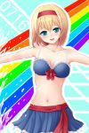  alice_margatroid alternate_costume aqua_eyes blonde_hair blush breasts cleavage collarbone hairband highres navel open_mouth outstretched_arms rainbow short_hair solo tama_go touhou 