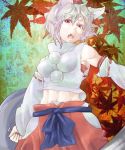 animal_ears armpits detached_sleeves fangs hat impossible_clothes impossible_shirt inubashiri_momiji long_sleeves looking_at_viewer messy_hair midriff navel open_mouth pom_pom_(clothes) red_eyes shield short_hair solo somsom sword teeth tokin_hat touhou weapon white_hair wide_sleeves 