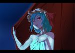  anime_coloring bare_shoulders blue_hair collarbone curtail curtain curtains fang fangs hat hat_ribbon highres letterboxed moonlight naked_sheet night open_mouth red_eyes remilia_scarlet ribbon satsutakega short_hair sky solo star touhou towel vampire 