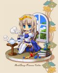  1girl archbishop artist_request bad_id blue_eyes book boots bottle brown_hair chair chibi cup faux_figurine pointy_ears ragnarok_online sitting staff table teacup teapot thigh-highs thigh_boots thighhighs triple_n window 