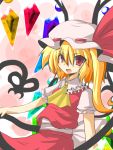  ascot blonde_hair crystal fang flandre_scarlet gomasamune hat hat_ribbon laevatein open_mouth red_eyes ribbon short_hair short_sleeves side_ponytail solo touhou weapon wings 