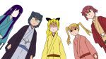  blonde_hair hair_bobbles hair_ornament hakama hakamichi_shizune heeeeee highres ibarazaki_emi ikezawa_hanako japanese_clothes joshiraku katawa_shoujo long_hair multiple_girls parody purple_hair red_hair satou_lilly short_hair simple_background tezuka_rin twintails 