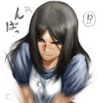  1girl alice:_madness_returns alice_(wonderland) alice_in_wonderland american_mcgee&#039;s_alice american_mcgee's_alice apron black_hair blush breasts ceramic_man green_eyes highres jewelry long_hair motion_blur necklace sweatdrop white_background 