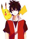  1boy baseball_cap black_hair hat male panko pikachu pokemon pokemon_(creature) pokemon_special red_(pokemon) red_eyes simple_background smile tegaki vest white_background 