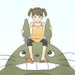  bare_shoulders bike_shorts brown_hair eye_contact flip-flops hentai_oyaji looking_at_another looking_down looking_up on_head sandals short_twintails sitting smile tonari_no_totoro totoro twintails whiskers 